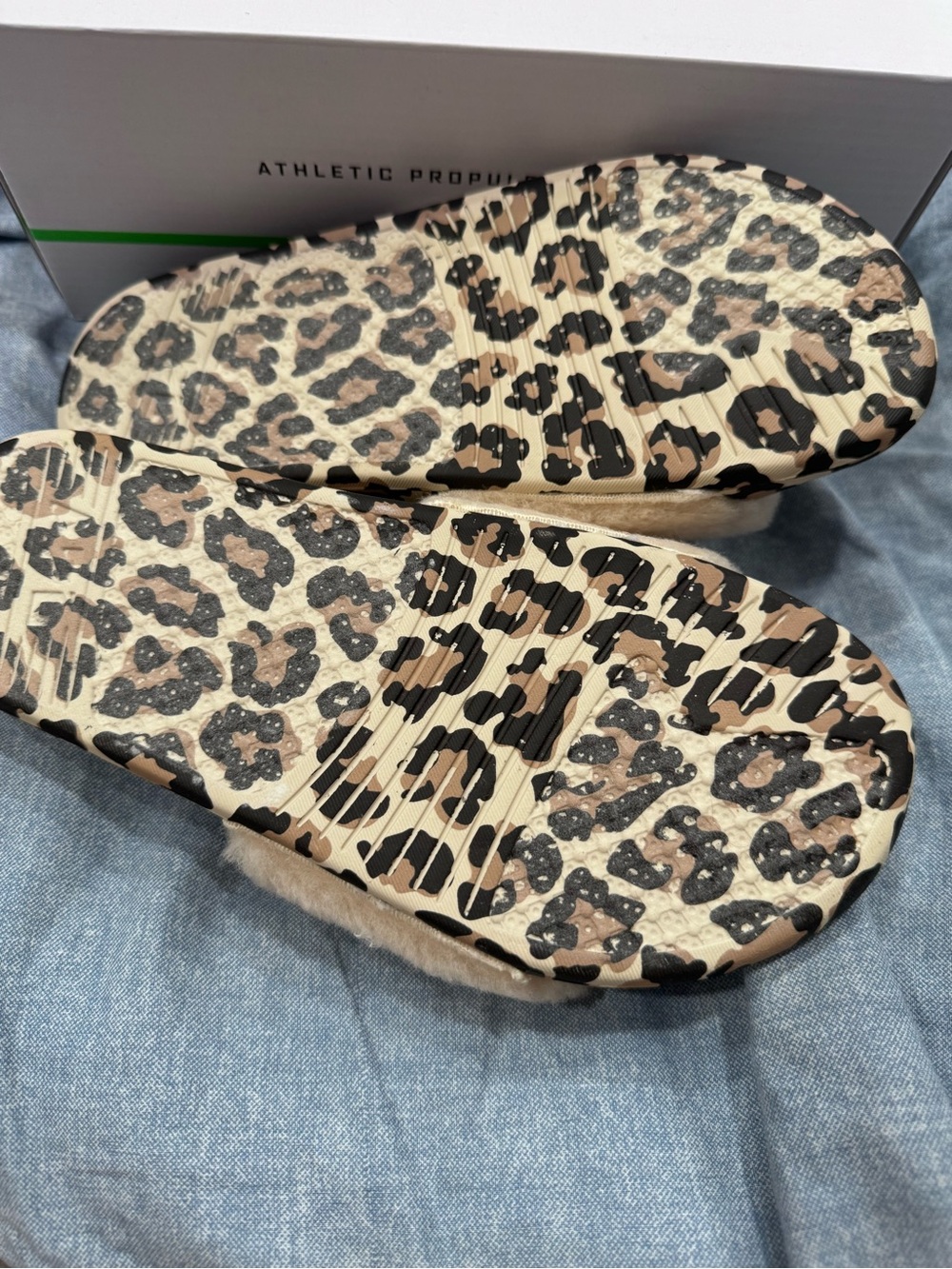 APL Beige Shearling Slide Sandals with Black Logo & Leopard Trim - Picture 3 of 4
